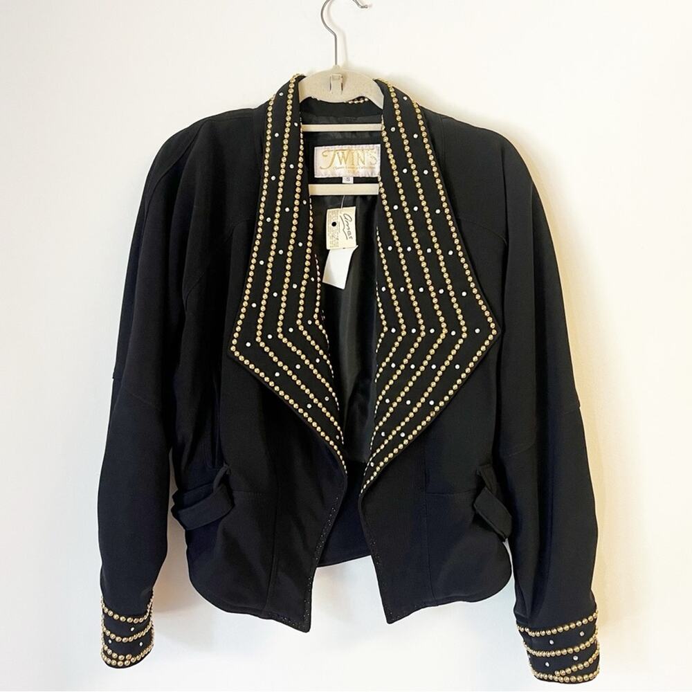 VINTAGE 1980’s Deadstock Twins Black Embellished Blazer Gold Size Small